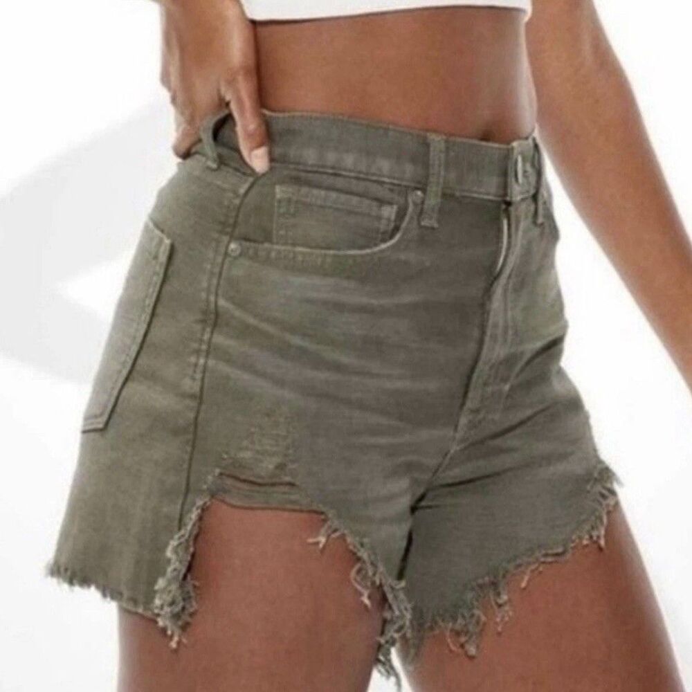 American Eagle Jean Shorts Women’s Highest Rise Mom Short Olive Green Denim Sz 6